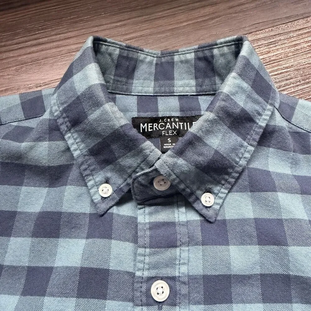 J Crew Mens S Mercantile Flex Blue Plaid Button Up Collared Shirt Long Sleeve